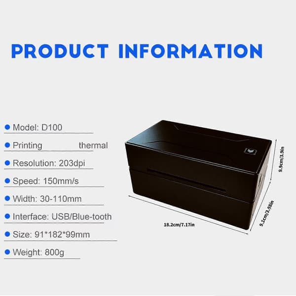Effektiv 4-tommer termisk etiketprinter til stregkoder og bærbart design med Bluetooth-kompatibel og USB hurtig udskrivningshastighed 150 mm/s Brug sort Black