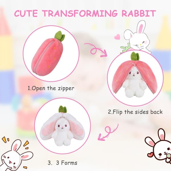 [RM]Plush Rabbit, Reversible Rabbit-Carrot-Strawberry Pillow with Zipper