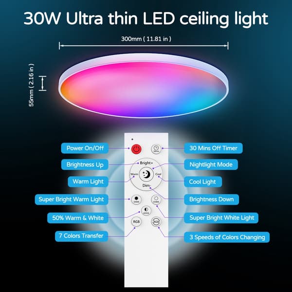 [RM]LED Ceiling Light 30cm - RGB Bathroom Lamp with Bluetooth and App - Smart WiFi Ceiling Light 2700K-6500K Remote Control