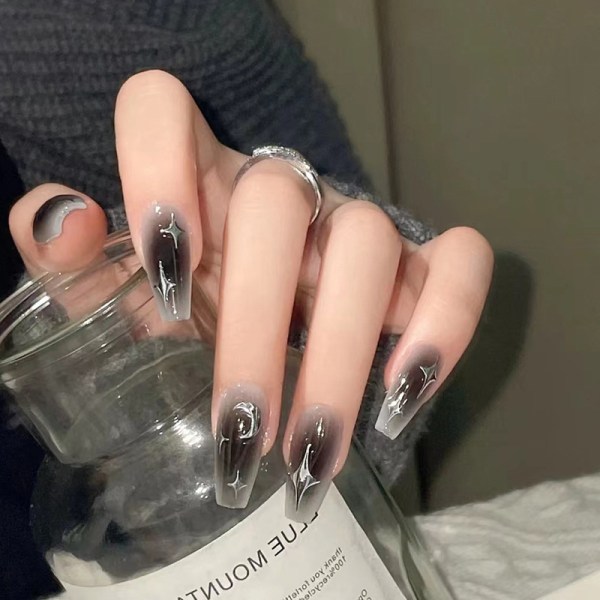 Mörk Spice Girl Rouge Nagel Silver Måne Stjärna Manikyr Lös Nagel Medium Lång Balett Nagel