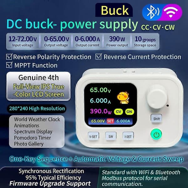 XY6506W DC Step-Down Strømforsyning 65V 6A 390W Digital Step-Down Konverter WiFi Bluetooth MPPT IPS Farveskærm