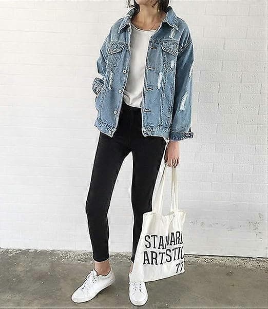Oversize jeansjacka för kvinnor Ripped Jean Jacket Boyfriend Långärmad kappa STORLEK S