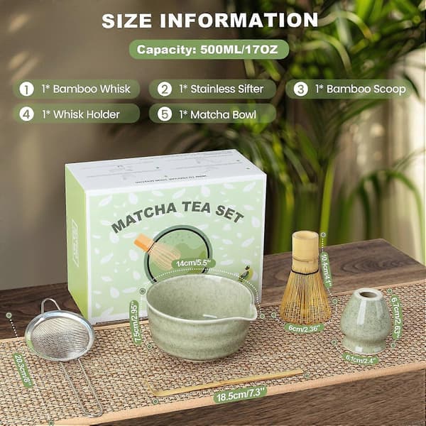 Matcha Tea Set with Ceramic Bowl Spout, Whisk Holder, Bamboo Scoop, Sifter, 5-Piece Green Kit