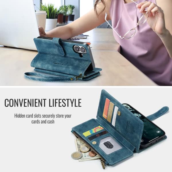 [RM]iPhone 17 Lædercover med kortlommer og lynlås Blå