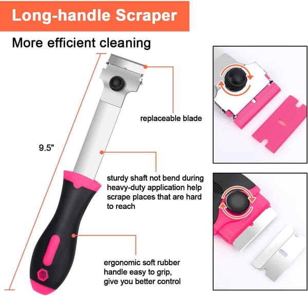 3-pack Glass Scraper with 30 Extra Blades for Scrapers, Multifunctional Cleaning, for Labels, Decals, Glass Paint (Pink - Double)[RM]