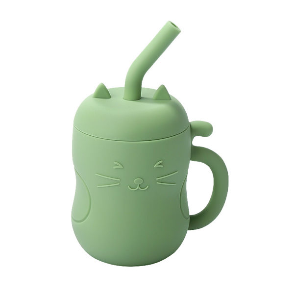 Silikonmugg med Sugrör BPA-fri Mellanmålsmugg Matningsmugg Barn Läcksäker Lär-drickmugg Green