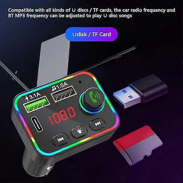 Bluetooth bil FM-sender, 38W PD og QC3.0 hurtig biloplader, ledning