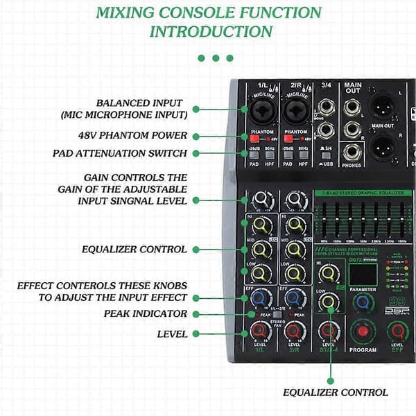 Professional 4-Channel Mixer Built-in 16DSP 7-Segment Balanced Power Bluetooth Support Recording Audio Mixer EU Plug Black