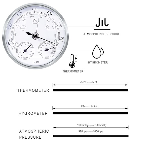 Analog værstasjon, barometer, termometer, hygrometer (sølv, 128 mm)[RM] silver