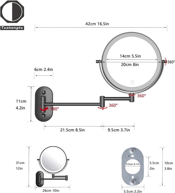 [RM]8\" Magnifying Mirror with Light LED-illuminated Wall-mounted 10X Magnification for Hotel Dressing Table, Bathroom USB Rechargeable, Black-10X