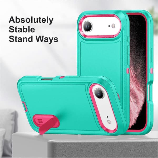 For iPhone 17 Air-deksel med støtte, 3-i-1-design i PC, silikon og EVA Light Cyan Rose