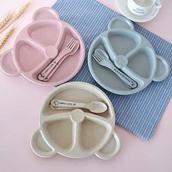 3 st/set Babyskål+sked+gaffel Matningsservis Tecknad Björn Barn Servis Äta Middag Anti-het Träningsmiddagstallrik Pink