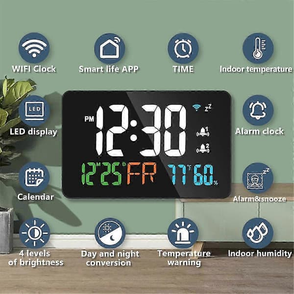 [RM]2025 Digital Clock Alarm Clock WiFi Clock, Extra Large Letters, Temperature and Humidity, Calendar, Week