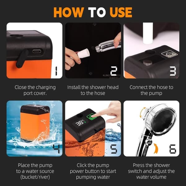 [RM]Portable Camping Shower - Smart Water Temperature, LED Display, 3 Spray Modes, 6000mAh Rechargeable, IP68 Waterproof