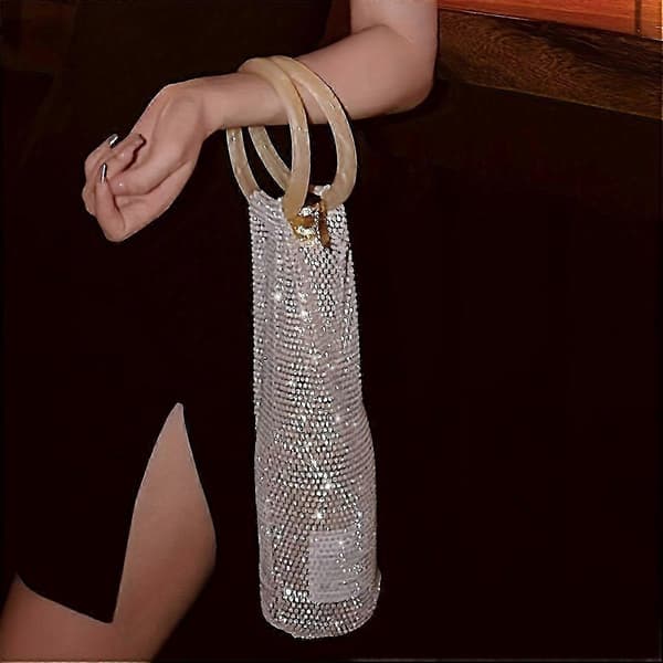 Glinsende Rhinestone Kvelds Vinpose, Elastisk Netthåndtak, Glitrende Gjenbrukbar Håndveske for Bryllup Bursdagsfest White