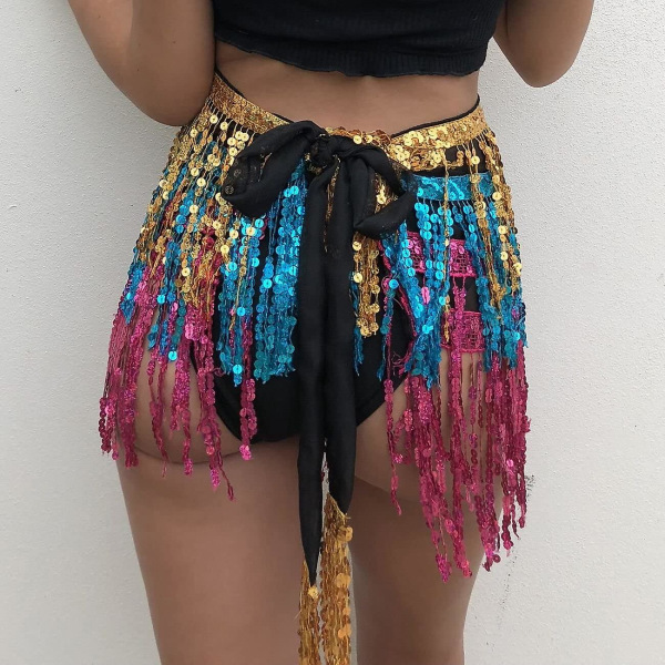 Dam Magdans Hip Scarf Performance Outfits Kjol Festival Kläder$dans Hip Scarf Tofs Kjol, Boho Paljettkjol Wrap Rave Costume For Women$ Gold Blue Pink