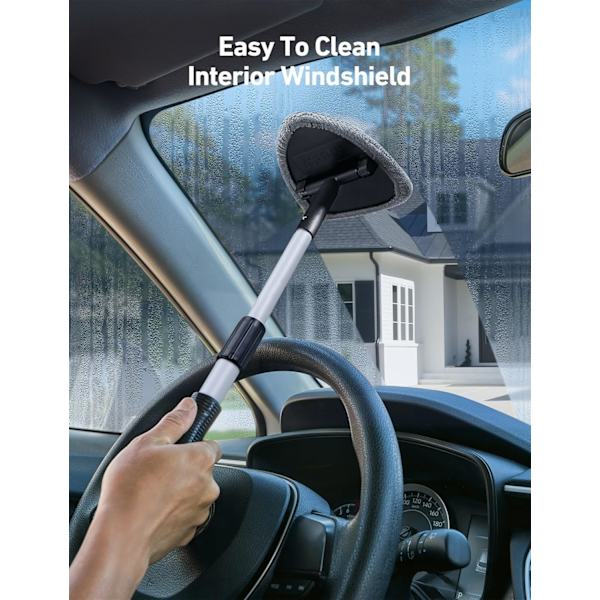 [RM]Windshield Cleaning Tool, Car Interior Detailing Cleaning Kit with Extendable Handle and 4 Reusable Microfiber Pads, Grey-FF- Grey