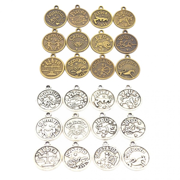 24 st Alloy 12 Zodiac Charms Hängen Anslutningar Fynd för DIY Craft smycken - Silver Brons Mixed