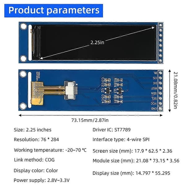 2,25-tommer TFT LCD-skærmmodul St7789 Lille skærm 76x284 modul Lcd Fuld visning Spi Farveskærm SPI Interface Panel