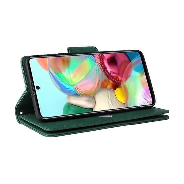 För Samsung Galaxy A71 Nitspänne 9 kort Trefaldigt läderfodral Green