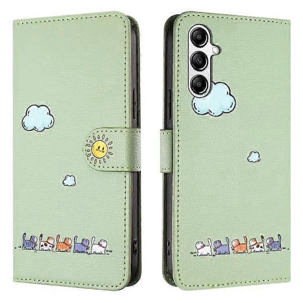 Till Samsung Galaxy S23 FE 5G Tecknade Katter Läderfodral Green