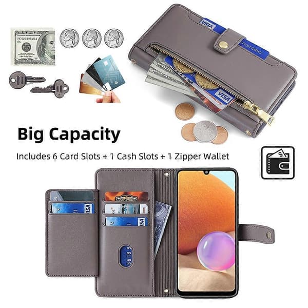 Mobilfodral med blixtlåsficka och handledsrem i läder för Samsung Galaxy A32 4G (EU-version) Grey Grey