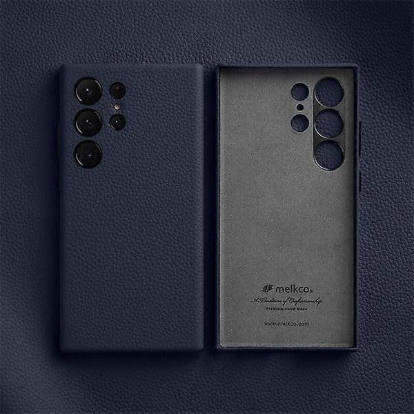 [RM]MELKCO Kompatibelt etui til Samsung Galaxy S24 Ultra i ægte okselæder + PC-cover DarkBlue