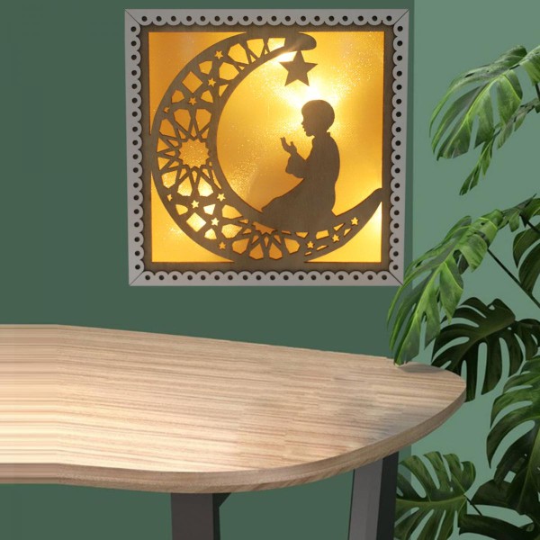 Eid trä fyrkantig LED-lampa bord Hem sängbordslampor muslimsk stil varm vit 3
