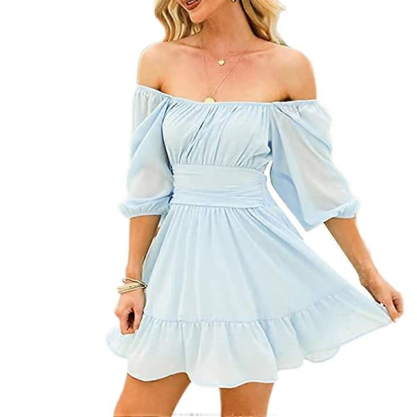 Dame Sommer Off-shoulder Kjole Jenter Uformelle Kjoler Polyester Bursdag Blue L