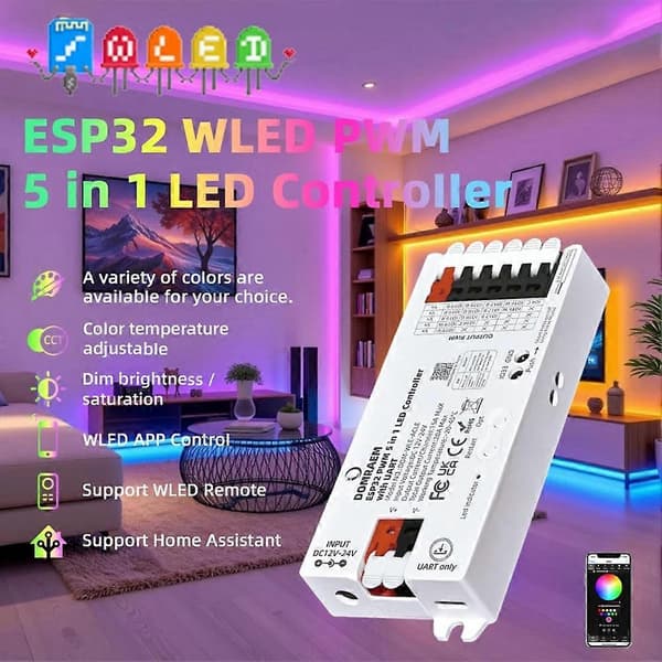 ESP32 WLED Controller med UART 5-i-1 til RGB RGBW RGBCCT LED Strip Virker til PWM Dæmpning