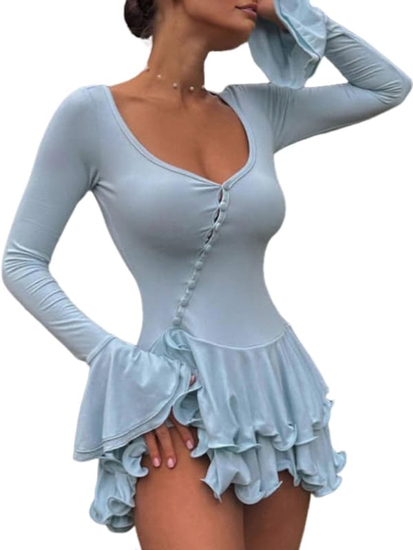 Dame Langærmede Kjoler Dyb V-hals Flare Flæsekjole Bodycon Fest Minikjoler Blå One Size Blue One size