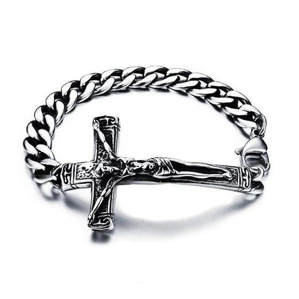 Herre armbånd i rustfrit stål med Jesus krucifiks og kantkæde