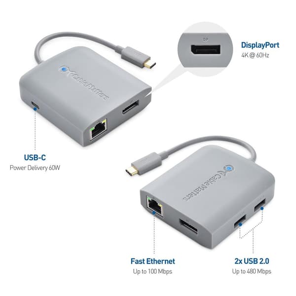 Cable Matters 1 til 5 Dockingstasjon 1xDP 4K60Hz, 1xRJ45 Ethernet 2xUSB-A 1xUSB-C PD 60W Works with Chromebook Certified grå gray