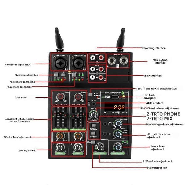 4-kanals lydmixer konsol lydmiksning med trådløs mikrofon USB Bluetooth rumklangsmikrofon