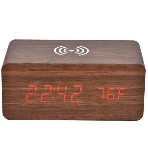[RM]LED Mirror Clock Bluetooth Speaker 3-Group Alarm with Wireless Charging - Brown Wood Red Light