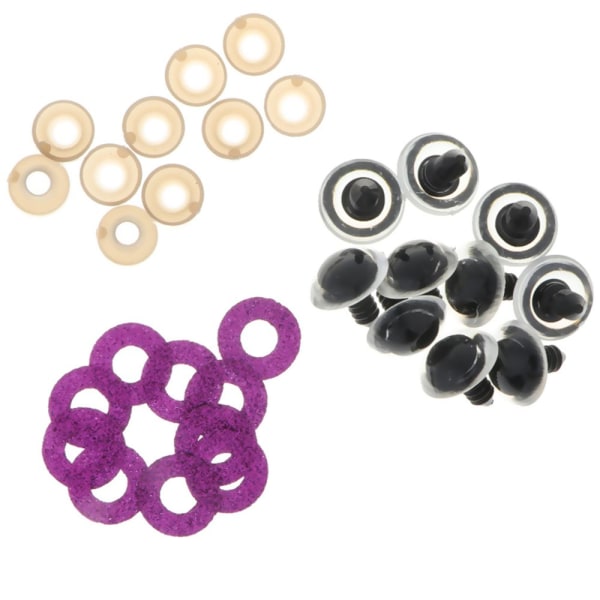 10 st Plast Säkerhetsleksaksögon + Glitter Nonwovens + 20mm Bricka Lila