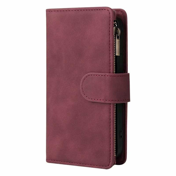 iPhone 13 Multifunktionelt Wallet Case med Lynlås og 8 Rum Vinröd