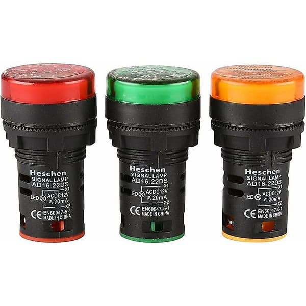 Sett med 3 AD16-22D/S 12V DC 20mA Rød/Grønn/Gul 22mm LED-blinklys