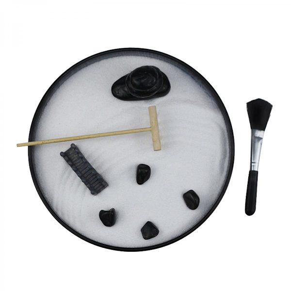 Mini Zen Trädgård Sandlåda Kit med Kratta, Sand, Bro och Stenar, Hemmakontor Skrivbord för Stresslindring, Yogastudio