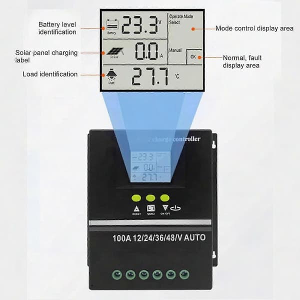 100A MPPT solcelleladeregulator med LCD-skjerm, doble USB-porter og automatisk spennings-ID for 12V til 48V batteri