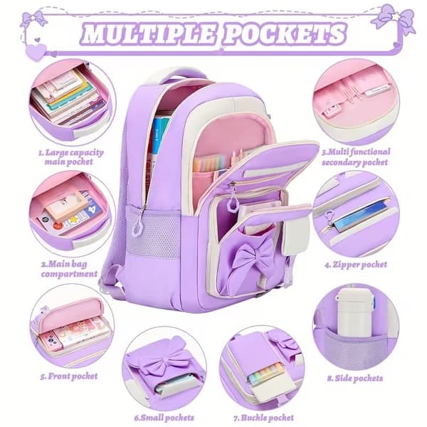 [RM]3-Piece Backpack Set for Women with Bow, 15.6 Inch Laptop Backpack, Spacious School Bag with Pockets Black+Pink