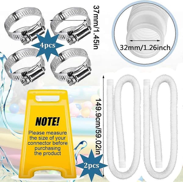 2-pack poolslang, 32 mm poolslang, pooldammsugarslang med 4 metallklämmor, poolpumpslang lämplig för ovanmarkspooler