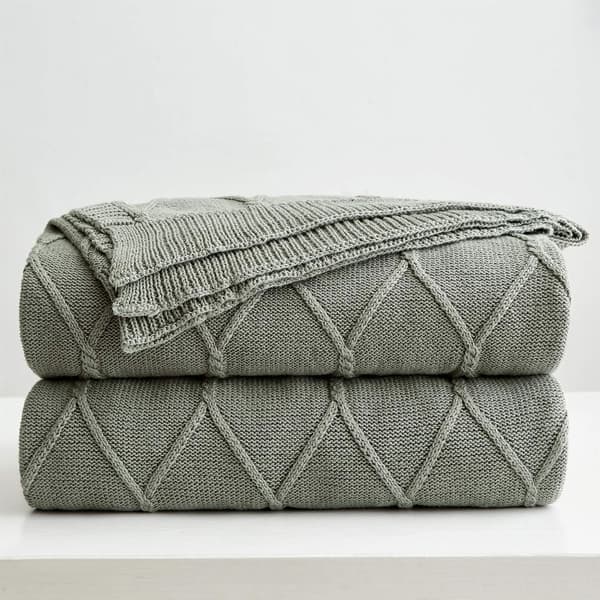 [RM] Cotton Grey Cable Knit Throw for Sofa, Lightweight 50 x