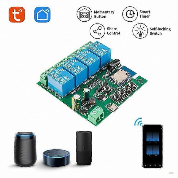 4CH Tuya WiFi Smart Switch Modul, DIY Timer, 85-265V, Virker med Alexa Google Home IFTTT Smart Life White