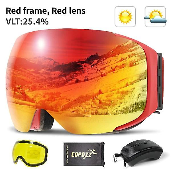 Magnetiska skidglasögon med snabbväxlande lins och fodralset 100% UV400-skydd Anti-imma Snowboardglasögon Red