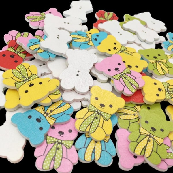 50 st Tecknade Tryckta Björn Träknappar 2 Hål för Sömnad Scrapbooking DIY
