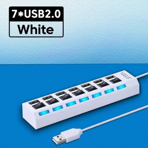 USB 2.0 Hub Multi USB Splitter Portar Hub Använd Strömadapter 7 Portar Multipl Expander Hub White