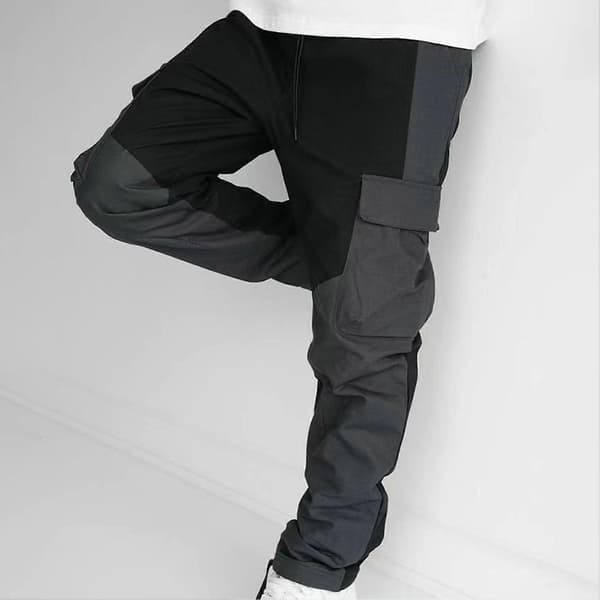Mænd Sportsbukser Patchwork Elastisk Talje Løs Farvematchning Multi Lommer Blød Åndbar Afslappet Black M