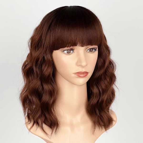 [RM] Curly Bob Wig with Bangs Short Wavy Burgundy Color Wigs