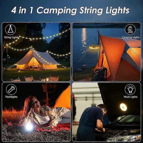 32,8 fod camping lyskæde, 4-i-1 genopladelig campinglygte med 8 tilstande, 2-pak